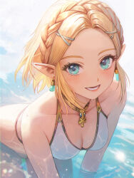 Rule 34 | 1girl, :d, bikini, blonde hair, blue eyes, blush, braid, breasts, bs9999s, earrings, hair ornament, hairclip, highres, jewelry, looking at viewer, looking up, medium breasts, nintendo, on water, open mouth, pointy ears, princess zelda, short hair, smile, solo, swimsuit, the legend of zelda, the legend of zelda: tears of the kingdom, white bikini