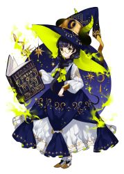 Rule 34 | 1girl, black hair, blue dress, blue hat, book, bracer, braid, closed mouth, dress, earrings, fake horns, floating, floating book, floating object, front ponytail, full body, glasses, green eyes, hat, highres, horned headwear, horns, jewelry, long dress, long hair, long sleeves, looking at viewer, open book, original, puffy long sleeves, puffy sleeves, round eyewear, shoes, simple background, smile, sogawa, solo, standing, two-sided fabric, white background, white footwear, witch hat