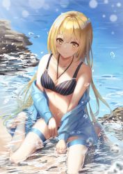 Rule 34 | 1girl, absurdres, bikini, black bikini, blonde hair, blush, breasts, cleavage, closed mouth, collarbone, day, gileu, hair between eyes, highres, jewelry, lens flare, long hair, looking at viewer, medium breasts, navel, original, outdoors, pendant, sitting, smile, solo, striped bikini, striped clothes, summer, sunlight, swimsuit, thighhighs, vertical-striped bikini, vertical-striped clothes, very long hair, wariza, white thighhighs, yellow eyes