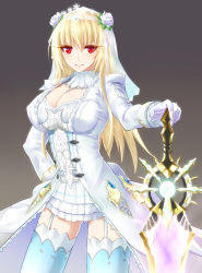 Rule 34 | 1girl, absurdres, blonde hair, blush, breasts, cleavage, cleavage cutout, closed mouth, clothing cutout, cowboy shot, detached collar, dress, flower, gloves, gluteal fold, grey background, hair between eyes, hair flower, hair ornament, hand on hilt, highres, holding, holding sword, holding weapon, large breasts, long hair, long sleeves, looking at viewer, minarai tenna, phantasy star, phantasy star online 2, red eyes, slit pupils, solo, standing, sword, thighhighs, weapon, white dress, white gloves