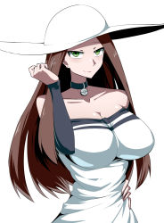 Rule 34 | 1girl, bare shoulders, beauty (pokemon), breasts, brown hair, choker, closed mouth, collarbone, creatures (company), detached sleeves, dress, game freak, green eyes, hat, highres, large breasts, long hair, looking at viewer, nintendo, pokemon, pokemon masters ex, shimure (460), simple background, smile, solo, sun hat, white background, white dress