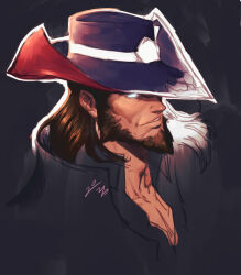 Rule 34 | 1boy, absurdres, adam&#039;s apple, bad link, beard, black background, blending, brown facial hair, brown hair, facial hair, glowing, glowing eyes, hat, highres, league of legends, looking ahead, male focus, no pupils, parted lips, pectoral cleavage, pectorals, scar, scar on chest, short hair, signature, solo, twisted-graves, twisted fate, white eyes