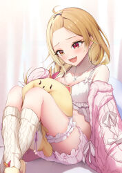 Rule 34 | 1girl, :d, absurdres, bare shoulders, between legs, blonde hair, braid, braided ponytail, breasts, bridal garter, commentary request, equal (heartstrings), fang, hair over shoulder, heterochromia, highres, hoshikawa sara, hoshikawa sara (7th costume), jewelry, knees up, long hair, long sleeves, medium breasts, necklace, nijisanji, off shoulder, open mouth, ponytail, red eyes, sitting, skin fang, slippers, smile, socks, solo, star (symbol), star necklace, virtual youtuber, white socks, yellow eyes