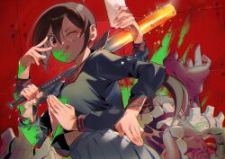 Rule 34 | 1girl, :q, ahoge, baseball bat, black serafuku, blood, blood on clothes, blood on face, blood on wall, blood splatter, brown hair, cellphone, commentary request, cowboy shot, extra arms, green blood, hand on own hip, hands up, highres, holding, holding baseball bat, holding phone, long hair, long sleeves, looking at viewer, low ponytail, midriff peek, monster, neckerchief, one eye closed, original, phone, pleated skirt, red eyes, red neckerchief, school uniform, serafuku, sideways glance, skirt, smartphone, sofa (enogunomu), solo, spiked bat, spine, steepled fingers, tongue, tongue out, unbuttoned sleeves, v-shaped eyebrows, v over eye