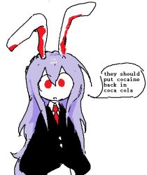 Rule 34 | 1girl, black jacket, collared shirt, cowboy shot, english text, hair between eyes, jacket, long hair, massivetitty, necktie, pixel art, purple hair, rabbit ears, red eyes, red necktie, reisen udongein inaba, shirt, sidelocks, simple background, solid circle pupils, speech bubble, touhou, truth, very long hair, white background, white shirt