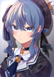 Rule 34 | 1girl, 852 box, absurdres, black hat, blue choker, blue eyes, blue hair, choker, chromatic aberration, closed mouth, crown, earrings, eyelashes, eyes visible through hair, film grain, hair between eyes, hat, highres, hololive, hoshimachi suisei, hoshimachi suisei (1st costume), jewelry, long eyelashes, long hair, looking at viewer, navel, plaid headwear, side ponytail, solo, star-shaped pupils, star (symbol), star choker, star earrings, symbol-shaped pupils, upper body, virtual youtuber