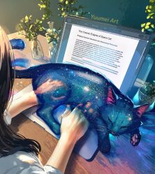 Rule 34 | 1girl, animal, animal focus, artist name, cat, commentary, computer, english commentary, english text, highres, laptop, long sleeves, original, plant, sitting, space cat (yuumei), space print, starry sky print, vase, writing, yuumei