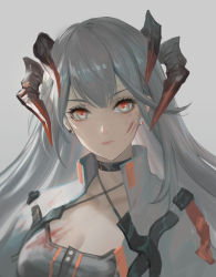Rule 34 | 1girl, absurdres, arknights, black choker, blood, blood on face, breasts, choker, cleavage, commentary, criss-cross halter, earrings, grey background, halterneck, head tilt, high collar, highres, horns, jewelry, jiam009, long hair, looking at viewer, medium breasts, open clothes, open shirt, pink lips, red eyes, saria (arknights), shirt, silver hair, simple background, solo, upper body, white shirt