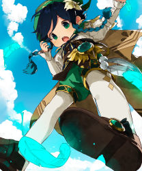 Rule 34 | 1boy, beret, black hair, blue hair, blue sky, blush, braid, cloud, commentary, day, english commentary, feathers, floating, genshin impact, gradient hair, green eyes, green hat, hat, highres, looking at viewer, looking down, male focus, multicolored hair, nemui (nemuriyagi), open mouth, pantyhose, sky, solo, teeth, trap, twin braids, upper teeth only, venti (genshin impact), vision (genshin impact)