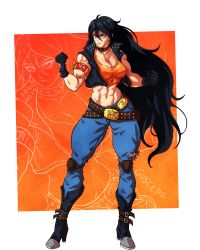 Rule 34 | 1girl, abs, absurdres, android 22 (oc), bare shoulders, belt, black hair, blue eyes, boots, breasts, choker, cleavage cutout, clothing cutout, denim, dragon ball, female focus, fighting stance, fusion, genderswap, genderswap (mtf), gloves, gold, highres, jacket, jeans, large breasts, long hair, looking at viewer, midriff, muscular, muscular arms, muscular female, muscular legs, navel, ornament, pants, ribbon, solo, very long hair