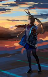 Rule 34 | 1girl, abstract background, absurdres, amiya (arknights), animal ears, ankleband, arknights, ascot, black footwear, black jacket, black pantyhose, blue ascot, blue eyes, blue skirt, brown hair, hand up, highres, jacket, jewelry, long hair, looking to the side, multiple rings, open clothes, open jacket, pantyhose, plaid, plaid skirt, pleated skirt, ponytail, profile, rabbit ears, ring, shirt, signature, skirt, solo, sunset, welt (kinsei koutenkyoku), white shirt