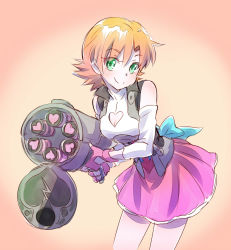 Rule 34 | 1girl, bow, breasts, cleavage, cleavage cutout, clothing cutout, explosive, gloves, green eyes, grenade, grenade launcher, heart, highres, iesupa, nora valkyrie, orange hair, revolver grenade launcher, rwby, short hair, skirt, smile, solo, weapon