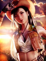 Rule 34 | 3d, abs, adjusting clothes, adjusting headwear, aged down, asymmetrical bangs, black hair, bracelet, breasts, cleavage, cowboy hat, earrings, final fantasy, final fantasy vii, final fantasy vii remake, fringe trim, gloves, hand on own hip, hat, highres, jewelry, leather vest, lens flare, lipstick, long hair, makeup, medium breasts, midriff, nibelheim, one eye closed, red eyes, ria-neearts, shirt, square enix, sunset, tifa lockhart, white shirt, wink