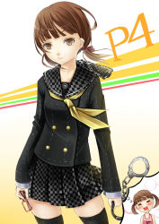 Rule 34 | 1girl, = =, absurdres, aged up, alternate universe, ascot, atlus, bad id, bad nicoseiga id, blush, brown eyes, brown hair, closed eyes, cuffs, doujima nanako, dual persona, unworn eyewear, glasses, handcuffs, highres, holding, holding removed eyewear, imagining, open mouth, persona, persona 4, pleated skirt, reio reio, saliva, school uniform, short twintails, skirt, solo, thighhighs, twintails, zettai ryouiki