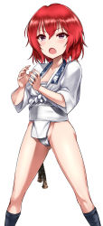 Rule 34 | 1girl, black socks, brown eyes, brown hair, cameltoe, commentary request, fundoshi, hair between eyes, idolmaster, idolmaster cinderella girls, japanese clothes, kneehighs, mizu happi, murakami tomoe, open mouth, own hands together, pelvic curtain, shirt, short hair, simple background, socks, solo, standing, tango (tn500), v-shaped eyebrows, white background, white shirt