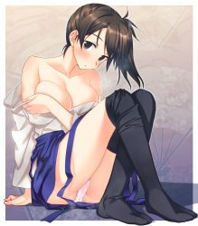 Rule 34 | 10s, 1girl, arm support, bare legs, bare shoulders, black thighhighs, blush, breasts, brown eyes, brown hair, cameltoe, cleavage, collarbone, covering privates, covering breasts, female focus, head tilt, highres, japanese clothes, kaga (kancolle), kantai collection, large breasts, legs, looking at viewer, off shoulder, open mouth, panties, pantyshot, short hair, side ponytail, sitting, solo, sweat, thighhighs, underwear, undressing, white panties, yuuki keisuke