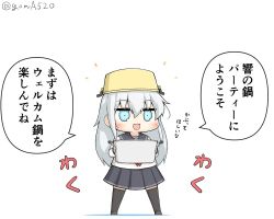 Rule 34 | 1girl, anchor symbol, black sailor collar, black skirt, black thighhighs, blue eyes, chibi, commentary request, full body, goma (yoku yatta hou jane), hibiki (kancolle), kantai collection, long hair, long sleeves, neckerchief, open mouth, pleated skirt, pot, pot on head, red neckerchief, sailor collar, school uniform, serafuku, silver hair, simple background, skirt, solo, standing, thighhighs, translation request, twitter username, white background