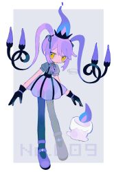 Rule 34 | 1girl, black gloves, black pantyhose, chandelure, chandelure (cosplay), cosplay, creatures (company), fire, full body, game freak, gen 5 pokemon, gloves, hatsune miku, highres, htn nm, litwick, long hair, nintendo, pantyhose, pokemon, pokemon (creature), purple fire, purple footwear, purple hair, purple skirt, shirt, simple background, skirt, vocaloid, white shirt, yellow eyes
