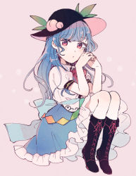 Rule 34 | 1girl, apron, ascot, black footwear, black hat, blue bow, blue hair, blue skirt, blunt bangs, blush, boots, bow, closed mouth, commentary, cross-laced footwear, food, frilled skirt, frills, fruit, full body, hands up, hat, head rest, hinanawi tenshi, knees up, leaf, long hair, looking at viewer, mozukuzu (manukedori), peach, pink background, puffy sleeves, red ascot, red eyes, shirt, simple background, skirt, solo, touhou, waist apron, waist bow, white shirt