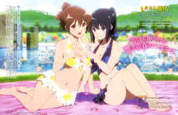 Rule 34 | 2girls, :d, absurdres, arm support, bare arms, bare legs, bare shoulders, barefoot, bikini, bikini skirt, black bikini, black hair, blanket, blue flower, blurry, blurry background, blush, breasts, brown eyes, brown hair, cleavage, closed mouth, collarbone, couple, day, feet, female focus, floral print, flower, grass, hair between eyes, happy, heart, heart hands, heart hands duo, hibike! euphonium, highres, knees up, kousaka reina, legs, long hair, looking at viewer, magazine scan, medium breasts, midriff, multiple girls, navel, official art, open mouth, oumae kumiko, outdoors, ponytail, pool, print bikini, purple eyes, scan, shadow, sitting, smile, swimsuit, tent, thick thighs, thighs, tree, umbrella, white bikini, yellow flower