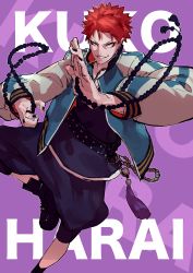 Rule 34 | 1boy, absurdres, beads, bell, belt, black footwear, black nails, chain, character name, english text, fingernails, grin, harai kuko, highres, huge filesize, hypnosis mic, jacket, jewelry, male focus, nail polish, necklace, open clothes, open jacket, parted lips, pinky ring, prayer beads, red hair, ring, smile, solo, teeth, uedrk yamato, yellow eyes