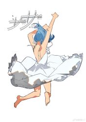 Rule 34 | 1girl, absurdres, alternate costume, arm above head, arm up, bare arms, bare back, bare legs, bare shoulders, barefoot, blue hair, character name, chinese commentary, circle skirt, commentary request, dress, floating hair, frilled dress, frills, from behind, full body, highres, mahou shoujo madoka magica, mahou shoujo madoka magica (anime), miki sayaka, ouge dz, ribbon, short hair, simple background, sleeveless, sleeveless dress, solo, spaghetti strap, sundress, toes, weibo watermark, white background, white dress, white ribbon