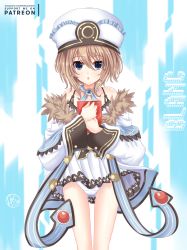 Rule 34 | 1girl, :o, bare shoulders, blanc (neptunia), blue eyes, book, brown hair, character name, clothes lift, coat, collarbone, dress, dress lift, frilled dress, frills, fur trim, hat, helvetica std, highres, holding, holding book, looking at viewer, neptune (series), panties, pantyshot, short dress, short hair, signature, solo, spaghetti strap, underwear, white coat, white dress, white hat, white panties, wide sleeves