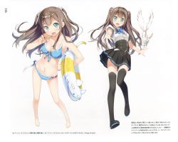 Rule 34 | 10s, 1girl, :d, absurdres, ange vierge, bare legs, barefoot, bikini, black thighhighs, blue bikini, blue eyes, blush, breasts, brown hair, cleavage, contrapposto, cowboy shot, feet, front-tie top, full body, hair ornament, hairclip, highres, hinata miumi, innertube, kantoku, long hair, looking at viewer, medium breasts, multiple views, open mouth, scan, sidelocks, smile, standing, strap pull, striped bikini, striped clothes, swim ring, swimsuit, thighhighs, two side up, underbust