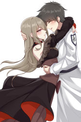 Rule 34 | 1boy, 1girl, absurdres, arms around neck, arms around waist, bare shoulders, black dress, blush, brown hair, captain (honkai impact), chinese commentary, coat, commentary request, dress, eyebrows, closed eyes, formal, highres, honkai (series), honkai impact 3rd, long hair, long sleeves, mole, mole under eye, purple eyes, rita rossweisse, ruo zhishi chu jian, short hair, simple background, smile, wedding dress, white background, white coat