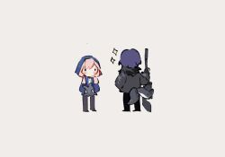 Rule 34 | 2girls, andreana (arknights), arknights, black pants, blue jacket, blue poison (arknights), blush, character doll, chibi, commentary, english commentary, facing away, full body, glaucus (arknights), grey background, gun, holding, hood, hood up, hooded jacket, jacket, long hair, long sleeves, looking at another, multiple girls, no mouth, pants, pink hair, rifle, ruri (dailybloopy), short hair, simple background, sniper rifle, solid circle eyes, standing, tail, tentacles, weapon