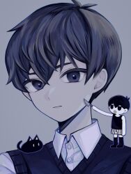 Rule 34 | 0tz026, 2boys, black eyes, black hair, black sweater vest, black thighhighs, cat, closed mouth, collared shirt, colored skin, expressionless, highres, looking at another, looking at viewer, male focus, mewo, multiple boys, omori, omori (omori), open mouth, shirt, short hair, shorts, sunny (omori), sweater vest, tank top, thighhighs, upper body, white shirt, white skin