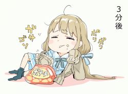 Rule 34 | 1girl, bag of chips, beige background, black socks, blue bow, blue dress, blush stickers, bow, brown cardigan, cardigan, closed eyes, collared dress, dress, eating, food, food on face, futaba anzu, gomennasai, hair bow, idolmaster, idolmaster cinderella girls, idolmaster cinderella girls starlight stage, kneehighs, kneehighs pull, light brown hair, long hair, long sleeves, low twintails, no shoes, open cardigan, open clothes, parted lips, plaid, plaid dress, sleeves past fingers, sleeves past wrists, socks, solo, striped, striped bow, translation request, twintails, very long hair