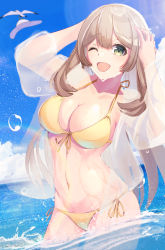 Rule 34 | 1girl, :d, absurdres, bikini, bird, blue archive, blue sky, breasts, cleavage, cloud, day, green eyes, hair between eyes, hat, highres, lens flare, light brown hair, long hair, looking at viewer, medium breasts, navel, nonomi (blue archive), nonomi (swimsuit) (blue archive), ocean, oekaki zombie, one eye closed, open clothes, open mouth, open shirt, outdoors, seagull, see-through, see-through shirt, shirt, side-tie bikini bottom, sky, smile, solo, stomach, sun hat, swimsuit, unworn hat, unworn headwear, wading, water, water drop, wet, wet clothes, wet shirt, white hat, white shirt, yellow bikini