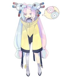 Rule 34 | 1girl, @ @, blue hair, bow-shaped hair, character hair ornament, commentary, creatures (company), game freak, gen 1 pokemon, grey footwear, grey pantyhose, grey shirt, hair ornament, hexagon print, highres, iono (pokemon), jacket, jitome, long hair, looking down, low-tied long hair, magnemite, magnet, multicolored hair, nikorashi-ka, nintendo, open mouth, oversized clothes, pantyhose, pink eyes, pink hair, pokemon, pokemon sv, print shirt, screw, sharp teeth, shirt, shoes, single leg pantyhose, sleeveless, sleeveless shirt, sleeves past fingers, sleeves past wrists, teeth, thought bubble, twintails, two-tone hair, very long hair, yellow jacket