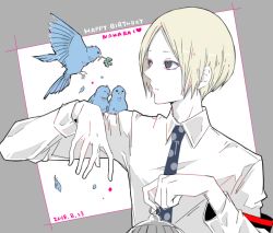 Rule 34 | 1boy, animal, animal on shoulder, awara kayu, bird, bird on shoulder, birdcage, blonde hair, blue bird, cage, character name, collared shirt, commentary request, dated, flower, grey background, grey eyes, happy birthday, heart, holding, long sleeves, male focus, nakarai keijin, necktie, pale skin, parted bangs, polka dot neckwear, shirt, short hair, simple background, solo, tokyo ghoul, tokyo ghoul:re, upper body, white background