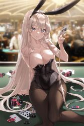 Rule 34 | 1girl, absurdres, animal ears, arm behind back, bare shoulders, black leotard, black pantyhose, blonde hair, blue eyes, blurry, blurry background, breasts, card, casino, collarbone, commentary request, covered navel, gambling, highres, holding, holding card, kuro (rudyan0128), leotard, long hair, medium breasts, on table, original, pantyhose, playboy bunny, poker chip, rabbit, sitting, sitting on table, smile, solo, strapless, strapless leotard, table, very long hair
