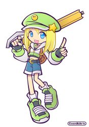 Rule 34 | 1girl, ace (cosmik arts), backpack, bag, black gloves, blue eyes, blue pants, cabbie hat, chibi, commentary, cosmik arts, cropped hoodie, english commentary, finger on trigger, fingerless gloves, flat chest, full body, gloves, green footwear, green hat, gun, hat, hat ornament, highres, hood, hood down, hoodie, looking at viewer, medium hair, open mouth, original, pants, parody, puyopuyo, rifle, shoes, shorts, smile, sneakers, socks, solo, star (symbol), star hat ornament, style parody, transparent background, weapon, white socks