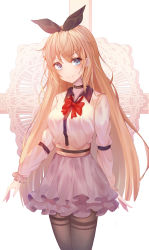 Rule 34 | 1girl, absurdres, black collar, black ribbon, blonde hair, blue eyes, bow, bowtie, breasts, brown pantyhose, closed mouth, collar, collared shirt, commentary request, cowboy shot, frilled sleeves, frills, hair ribbon, highres, layered skirt, long hair, long sleeves, looking at viewer, medium breasts, original, pantyhose, red bow, red bowtie, ribbon, runa (user guwn7382), shirt, sidelocks, skirt, smile, solo, standing, thighband pantyhose, v-shaped eyebrows, very long hair, white background, white shirt, white skirt