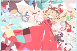 Rule 34 | 1girl, absurdres, adapted costume, apple, blonde hair, blue background, broken, candy, candy cane, chain, chinese commentary, closed eyes, cloud, collared dress, commentary request, cuffs, door, dress, eyelashes, facing viewer, feet out of frame, flandre scarlet, food, fork, frilled dress, frilled sleeves, frills, fruit, gem, gradient background, handcuffs, hat, hat ribbon, highres, knife, leaf, lollipop, lying, mob cap, multicolored neckwear, neck ribbon, nutcracker, on back, open mouth, outstretched arms, pink background, plate, puffy short sleeves, puffy sleeves, rainbow, red dress, red ribbon, ribbon, short hair, short sleeves, side ponytail, skeleton, sleeping, socks, solo, spread arms, strawberry, string of flags, stuffed animal, stuffed toy, teddy bear, torn, touhou, toy, wall, white hat, window, wings, wrist cuffs, zhixie jiaobu