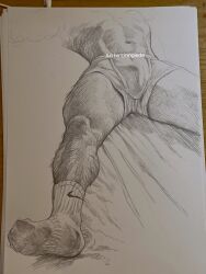 Rule 34 | 1boy, absurdres, bara, boxers, bulge, feet, foot out of frame, graphite (medium), highres, leg hair, lionglede, lower body, lying, male focus, male underwear, muscular, muscular male, navel, nike (company), on back, original, photo (medium), socks, soles, solo, spread legs, stomach, thick thighs, thighs, topless male, traditional media, underwear, v-taper