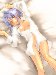 Rule 34 | 1girl, bed, blush, bottomless, breasts, censored, collarbone, convenient censoring, gradient eyes, green eyes, heterochromia, large breasts, lavolpe (yagisaka seto), legs, light purple hair, long hair, lying, multicolored eyes, navel, no bra, no panties, on back, open clothes, open shirt, original, purple eyes, shirt, solo, yagisaka seto
