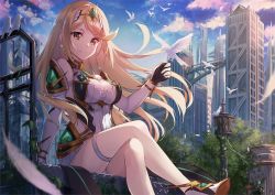 Rule 34 | .com (bot com1), 1girl, bare legs, bare shoulders, blonde hair, breasts, chest jewel, cleavage, cleavage cutout, clothing cutout, dress, earrings, elbow gloves, gloves, jewelry, large breasts, long hair, mythra (xenoblade), short dress, swept bangs, thigh strap, tiara, very long hair, white dress, white gloves, xenoblade chronicles (series), xenoblade chronicles 2, yellow eyes