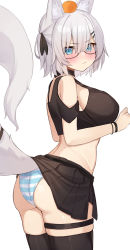Rule 34 | 1girl, absurdres, animal ears, ars almal, ass, black-framed eyewear, black skirt, black thighhighs, blue eyes, blue panties, bracelet, breasts, choco tanuki, closed mouth, glasses, grey hair, hair ornament, hairclip, highres, jewelry, large breasts, looking at viewer, multicolored clothes, multicolored panties, nijisanji, panties, pout, pouty lips, short hair, simple background, skirt, solo, striped clothes, striped panties, tail, thighhighs, underwear, virtual youtuber, white panties, wolf ears, wolf girl, wolf tail