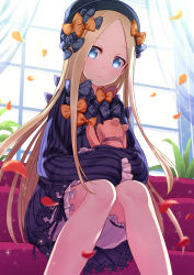 Rule 34 | 1girl, abigail williams (fate), bad id, bad pixiv id, black bow, black dress, black hat, blonde hair, bloomers, blue eyes, bow, bug, butterfly, closed mouth, coconat summer, commentary request, couch, curtains, dress, fate/grand order, fate (series), hair bow, hat, head tilt, highres, hugging object, indoors, insect, knees together feet apart, long hair, long sleeves, looking at viewer, on couch, orange bow, parted bangs, petals, polka dot, polka dot bow, sitting, sleeves past fingers, sleeves past wrists, solo, stuffed animal, stuffed toy, sunlight, teddy bear, transparent, underwear, very long hair, white bloomers, window