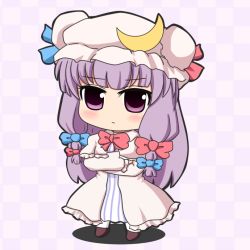 Rule 34 | 1girl, b.leaf, blush, checkered background, chibi, crescent, crossed arms, dress, female focus, hat, long hair, patchouli knowledge, purple eyes, purple hair, ribbon, solo, touhou