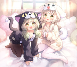 2girls :d all_fours animal_ears animal_hood black_jacket blush breasts brown_eyes brown_hair brown_jacket brown_pantyhose cat_ears cat_hood cat_tail collarbone commentary_request cup curtains dog_ears dog_hood dog_tail fake_animal_ears fang highres holding holding_cup hood hood_up hooded_jacket jacket kito_(sorahate) long_hair long_sleeves low_twintails mug multiple_girls no_shoes open_mouth original pantyhose pillow puffy_long_sleeves puffy_sleeves short_eyebrows sleeves_past_wrists small_breasts smile tail thick_eyebrows transparent twintails white_pantyhose window