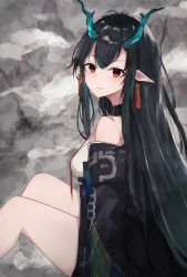 Rule 34 | 1girl, arknights, bare shoulders, black coat, blush, breasts, closed mouth, coat, dragon horns, dusk (arknights), earrings, from side, gradient hair, green skirt, grey background, highres, horns, jewelry, knees up, kyawadayooo, looking at viewer, looking to the side, medium breasts, multicolored hair, necktie, off shoulder, open clothes, open coat, pointy ears, red eyes, red necktie, sidelocks, sitting, skirt, solo, thighs, v-shaped eyebrows