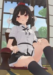 Rule 34 | 1girl, black hair, day, expressionless, feet out of frame, from below, hat, highres, indoors, kanpa (campagne 9), looking at viewer, miniskirt, parted lips, pom pom (clothes), red eyes, shameimaru aya, short hair, sitting, skirt, sliding doors, solo, tatami, tokin hat, touhou, window