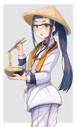 Rule 34 | 1girl, :o, alternate costume, alternate hairstyle, black-framed eyewear, blue hair, bowl, brooch, brown eyes, chopsticks, glasses, hat, highres, holding, holding bowl, holding chopsticks, jewelry, long hair, looking at viewer, necklace, noodles, oogaki chiaki, open mouth, plan (planhaplalan), ponytail, rice hat, sidelocks, simple background, solo, suiyou dou de shou, thick eyebrows, udon, very long hair, white background, yurucamp