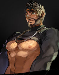 Rule 34 | 1boy, abs, apex legends, bara, beard, black shirt, chain necklace, chest hair, dark-skinned male, dark skin, eyebrow cut, facial hair, green eyes, hair slicked back, jewelry, karipaku, large pectorals, looking away, male focus, mature male, mirage (apex legends), muscular, muscular male, navel, navel hair, necklace, nipples, pectoral focus, pectorals, shirt, solo, stomach, sweatdrop, thick eyebrows, tight clothes, tight shirt, underpec, upper body